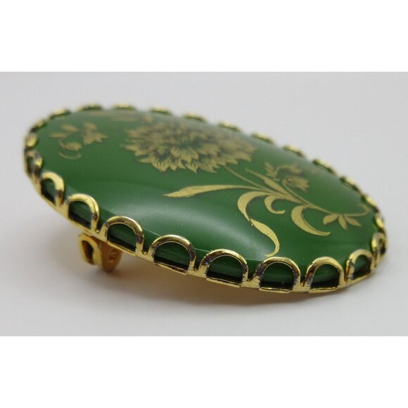 Vintage Green Ceramic Gold Floral Brooch Oval Scalloped Edge Mid Century Pin - Picture 3 of 6